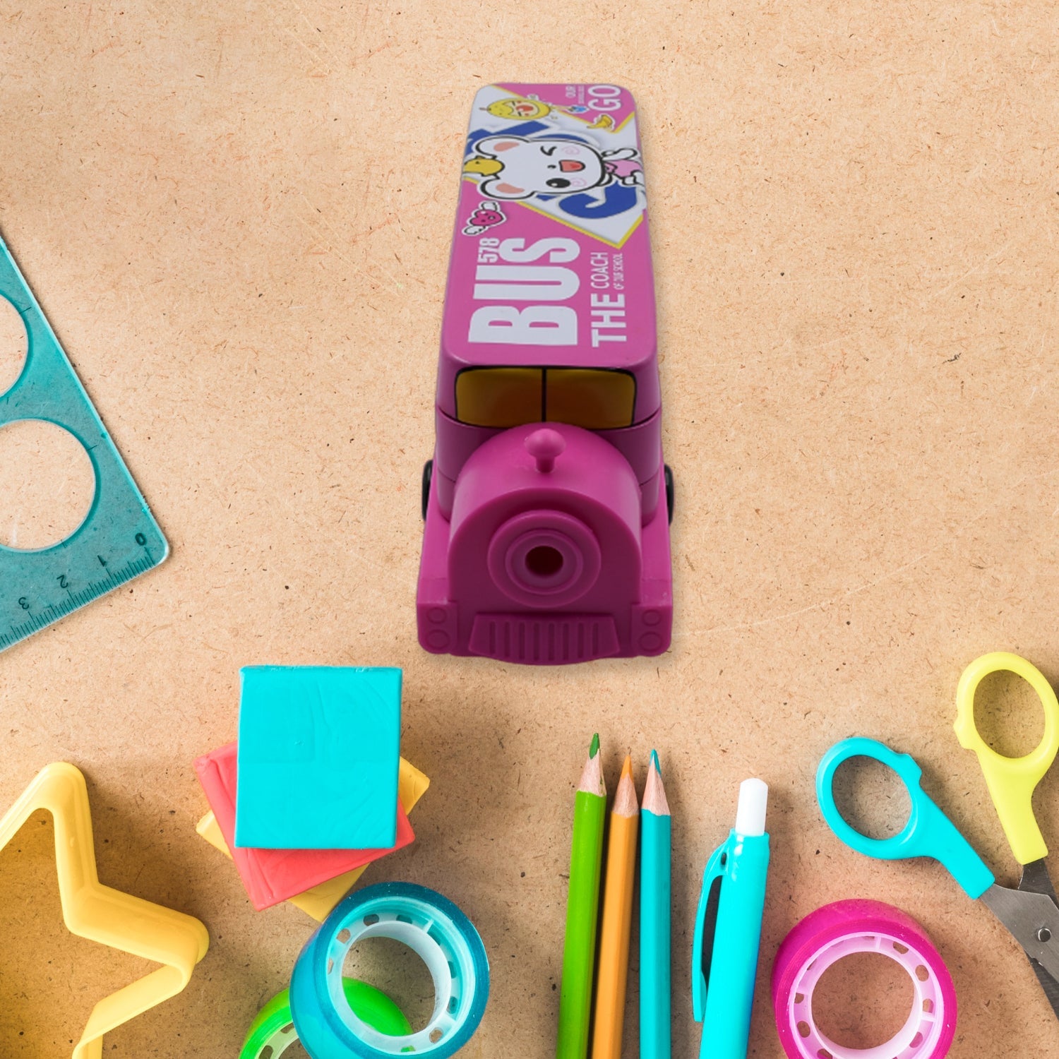 Double decker pencil case with sharpener, bus design. Double decker pencil case with sharpener, bus design.